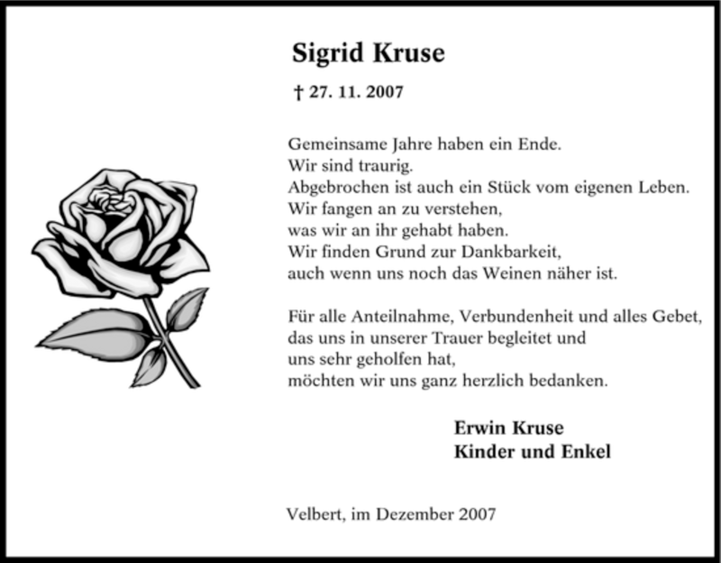  Traueranzeige für Sigrid Kruse vom 29.12.2007 aus Tageszeitung