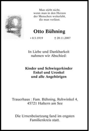 Traueranzeige von Otto Bühning von Tageszeitung