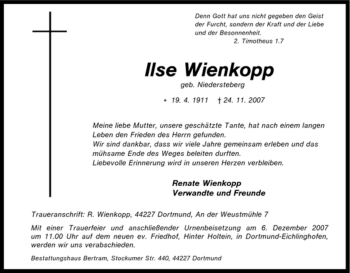 Traueranzeige von Ilse Wienkopp von Tageszeitung