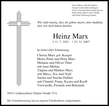 Traueranzeige von Heinz Marx von Tageszeitung