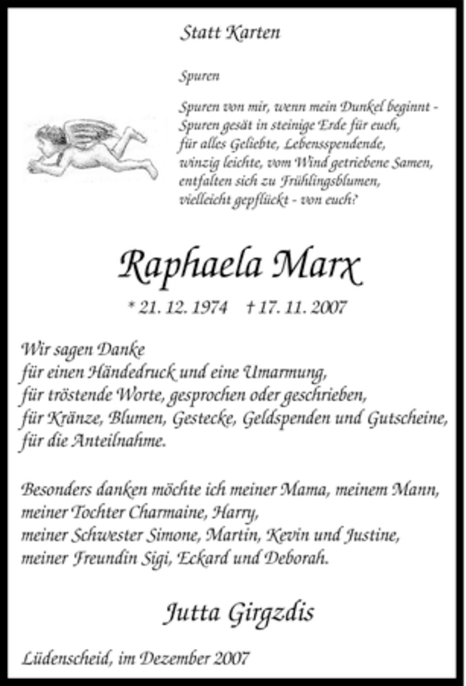 Traueranzeige für Raphaela Marx vom 01.12.2007 aus Tageszeitung