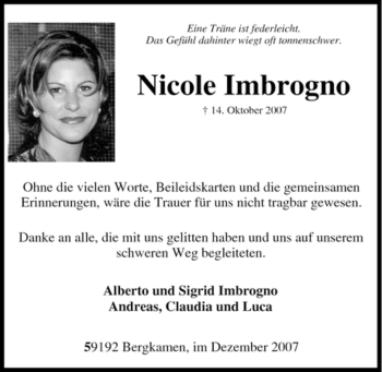 Traueranzeige von Nicole Imbrogno von Tageszeitung