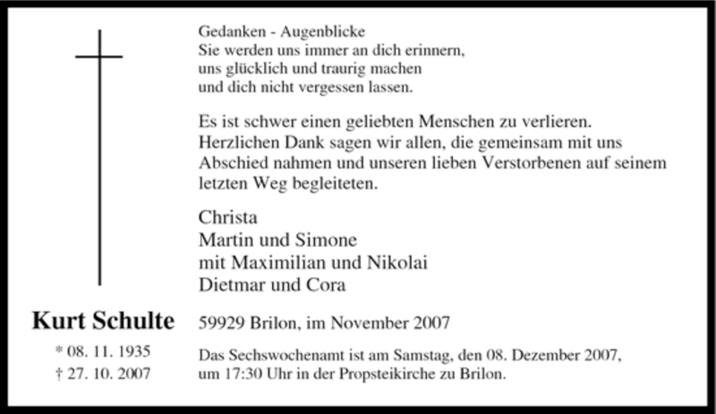  Traueranzeige für Kurt Schulte vom 01.12.2007 aus Tageszeitung