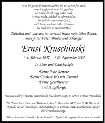 Traueranzeige von Ernst Kruschinski von Tageszeitung