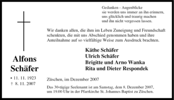 Traueranzeige von Alfons Schäfer von Tageszeitung