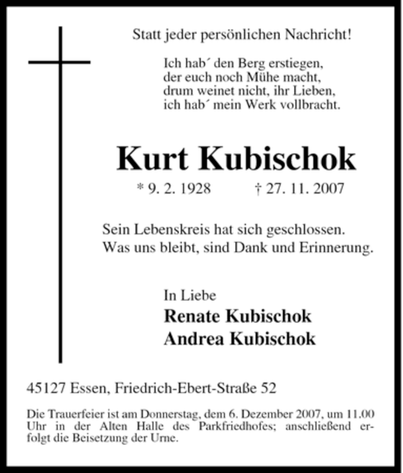 Traueranzeigen von Kurt Kubischok | Trauer-in-NRW.de