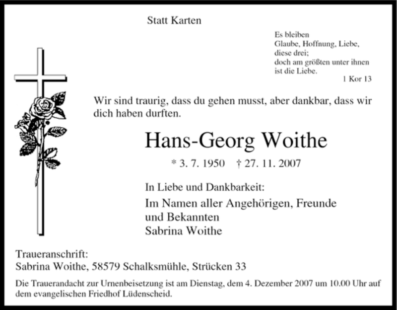  Traueranzeige für Hans-Georg Woithe vom 01.12.2007 aus Tageszeitung
