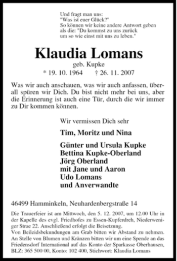 Traueranzeige von Klaudia Lomans von Tageszeitung