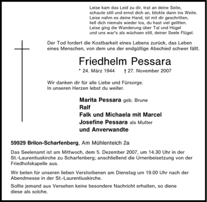  Traueranzeige für Friedhelm Pessara vom 01.12.2007 aus Tageszeitung