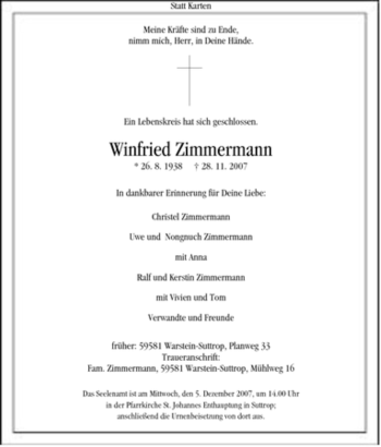 Traueranzeige von Winfried Zimmermann von Tageszeitung