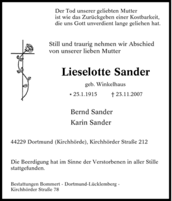 Traueranzeige von Lieselotte Sander von Tageszeitung