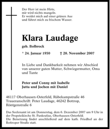 Traueranzeige von Klara Laudage von Tageszeitung