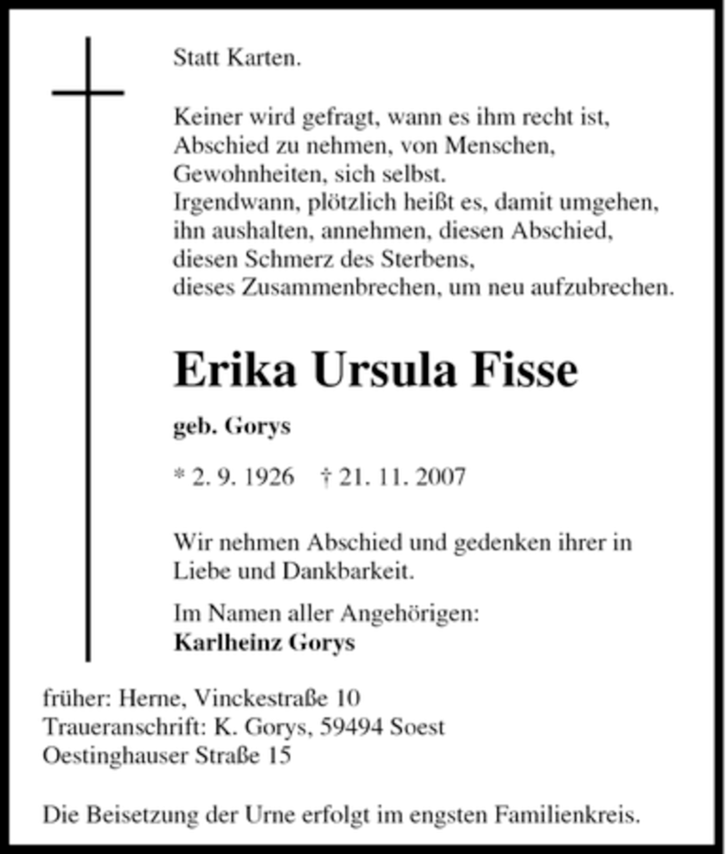  Traueranzeige für Erika Ursula Fisse vom 01.12.2007 aus Tageszeitung
