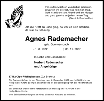 Traueranzeige von Agnes Rademacher von Tageszeitung