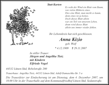 Traueranzeige von Anna Kizio von Tageszeitung