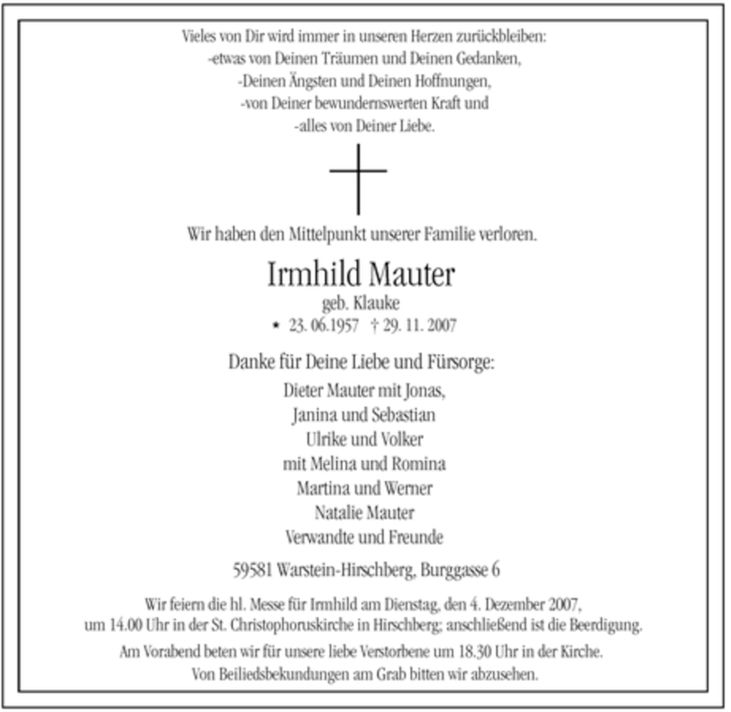 Traueranzeige für Irmhild Mauter vom 01.12.2007 aus Tageszeitung
