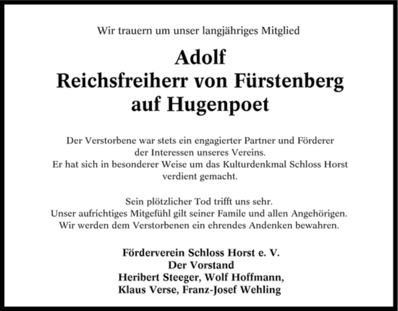  Traueranzeige für Adolf Reichsfreiherr von Fürstenberg auf Hugenpoet vom 01.12.2007 aus Tageszeitung