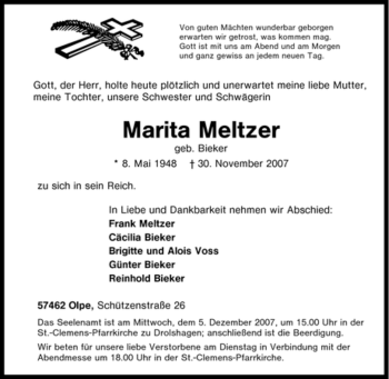 Traueranzeige von Marita Meltzer von Tageszeitung