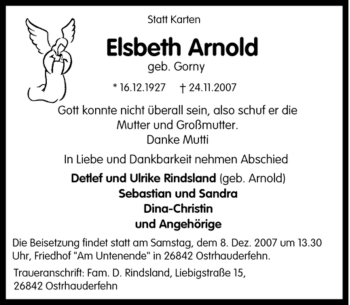 Traueranzeige von Elsbeth Arnold von Tageszeitung