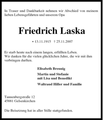 Traueranzeige von Friedrich Laska von Tageszeitung