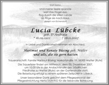 Traueranzeige von Lucia Lübcke von Tageszeitung