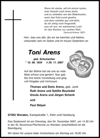 Traueranzeige von Toni Arens von Tageszeitung