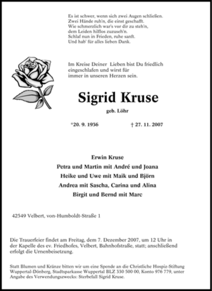  Traueranzeige für Sigrid Kruse vom 01.12.2007 aus Tageszeitung