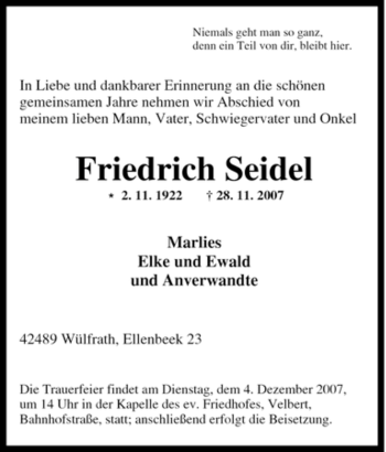Traueranzeige von Friedrich Seidel von Tageszeitung