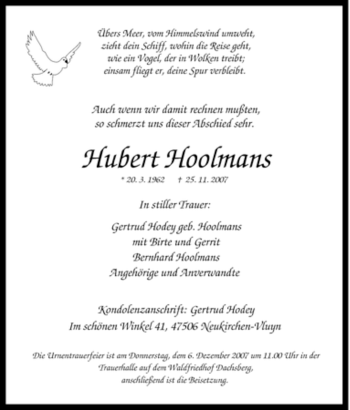 Traueranzeige von Hubert Hoolmans von Tageszeitung
