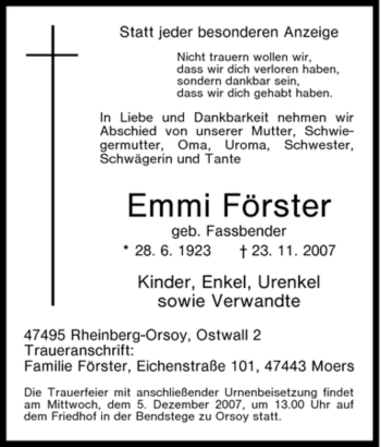 Traueranzeige von Emmi Förster von Tageszeitung
