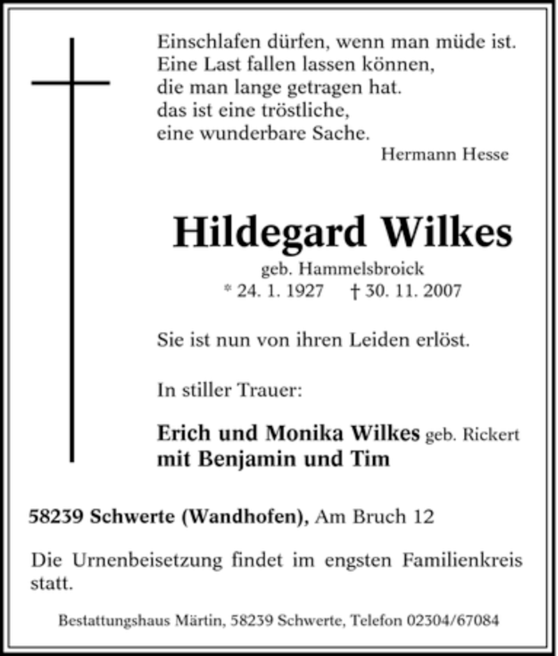  Traueranzeige für Hildegard Wilkes vom 01.12.2007 aus Tageszeitung