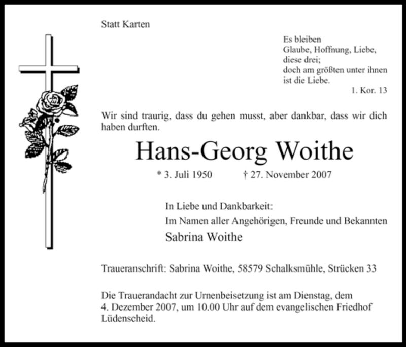  Traueranzeige für Hans-Georg Woithe vom 01.12.2007 aus Tageszeitung