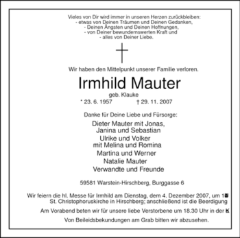 Traueranzeige von Irmhild Mauter von Tageszeitung