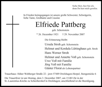 Traueranzeige von Elfriede Pattberg von Tageszeitung