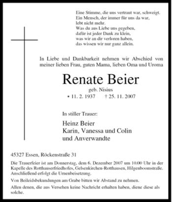 Traueranzeige von Renate Beier von Tageszeitung