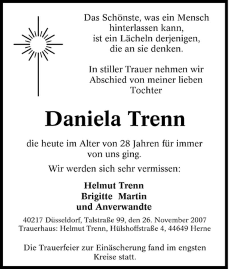  Traueranzeige für Daniela Trenn vom 03.12.2007 aus Tageszeitung