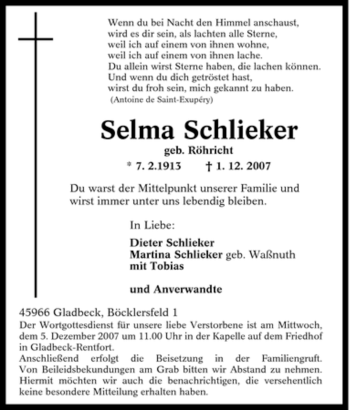 Traueranzeige von Selma Schlieker von Tageszeitung