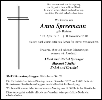 Traueranzeige von Anna Spreemann von Tageszeitung