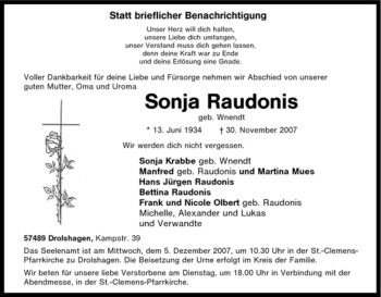 Traueranzeige von Sonja Raudonis von Tageszeitung