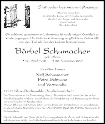 Traueranzeige von Bärbel Schumacher von Tageszeitung