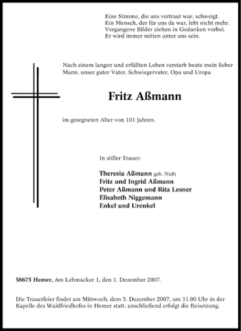 Traueranzeige von Fritz Aßmann von Tageszeitung