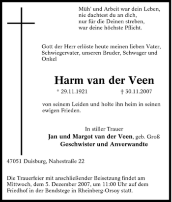 Traueranzeige von Harm van der Veen von Tageszeitung