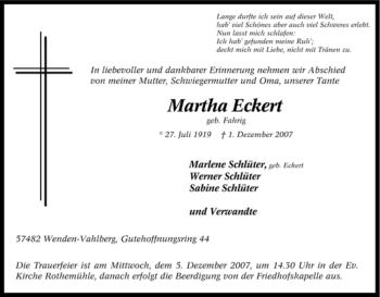 Traueranzeige von Martha Eckert von Tageszeitung