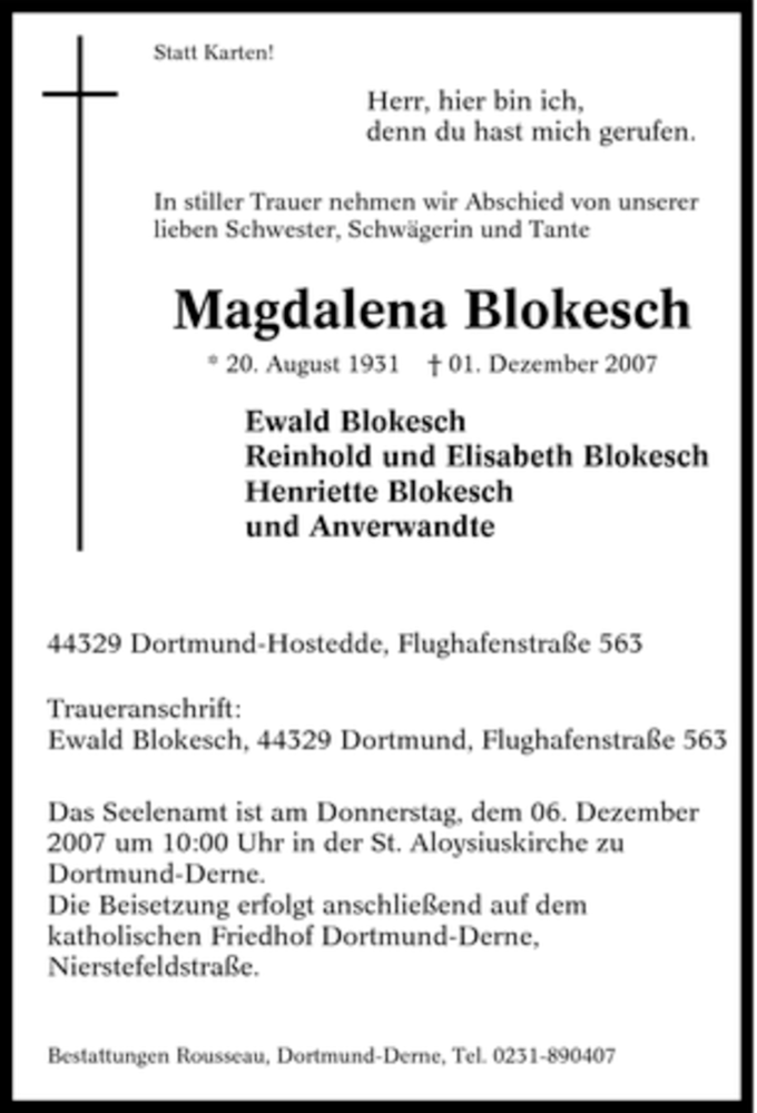  Traueranzeige für Magdalena Blokesch vom 03.12.2007 aus Tageszeitung