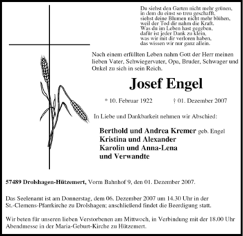 Traueranzeige von Josef Engel von Tageszeitung