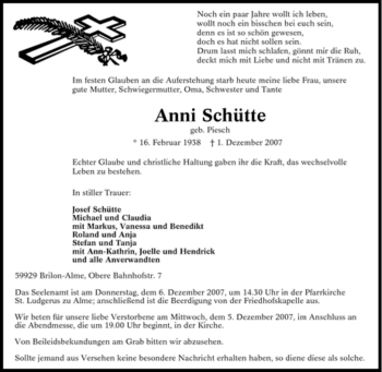 Traueranzeige von Anni Schütte von Tageszeitung