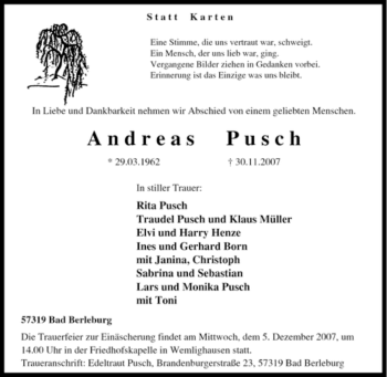 Traueranzeige von Andreas Pusch von Tageszeitung
