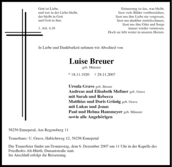 Traueranzeige von Luise Breuer von Tageszeitung