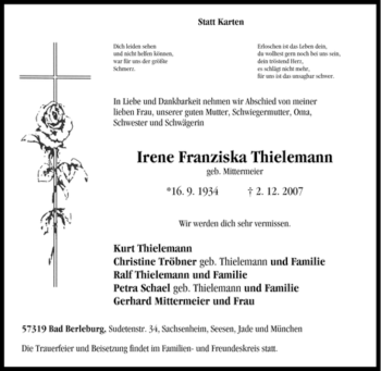 Traueranzeige von Irene Franziska Thielemann von Tageszeitung