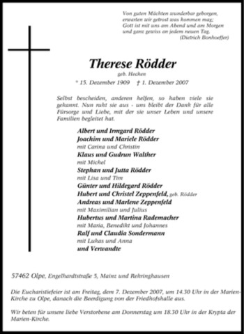 Traueranzeige von Therese Rödder von Tageszeitung